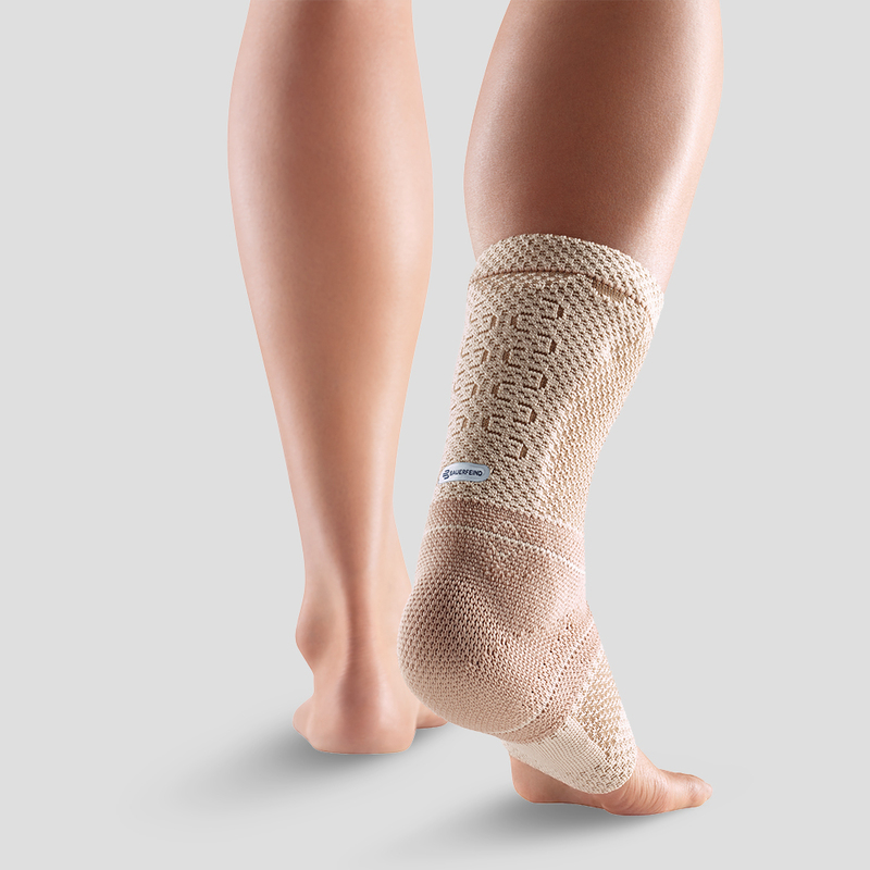 Blue and White Ankle Brace for Injury Recovery and Support Close-up view of a person wearing a blue and white ankle support brace demonstrating its fit and design on a neutral background