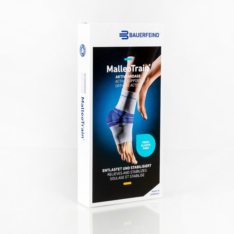 Buy Bauerfeind MalleoTrain Active Support Ankle Brace for Pain Relief and Stabilization. Bauerfeind MalleoTrain ankle support brace packaging with a visual of the product in use, featuring stabilization technology.