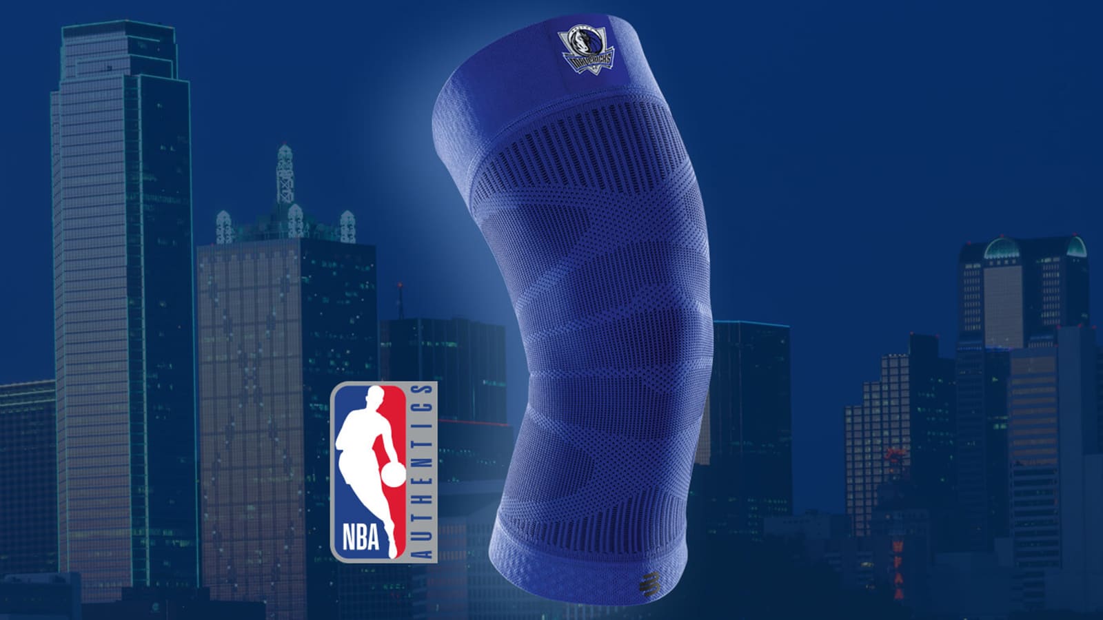 The Sports Compression Knee Support NBA Mavericks Edition in front of Dallas skyline. Bauerfeind's Sports Compression Knee Support NBA Mavericks Edition with NBA Authentics logo and Dallas skyline in the background.