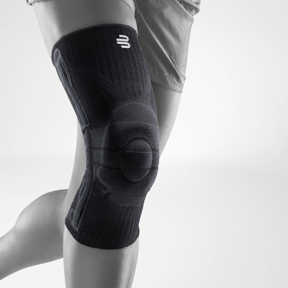 One all-black Bauerfeind Sports Knee Support, front view