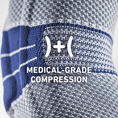 Close-up image of the GenuTrain and its compression knit fabric.. Close-up image of Bauerfeind's GenuTrain knee brace featuring its medical-grade compression knit fabric.