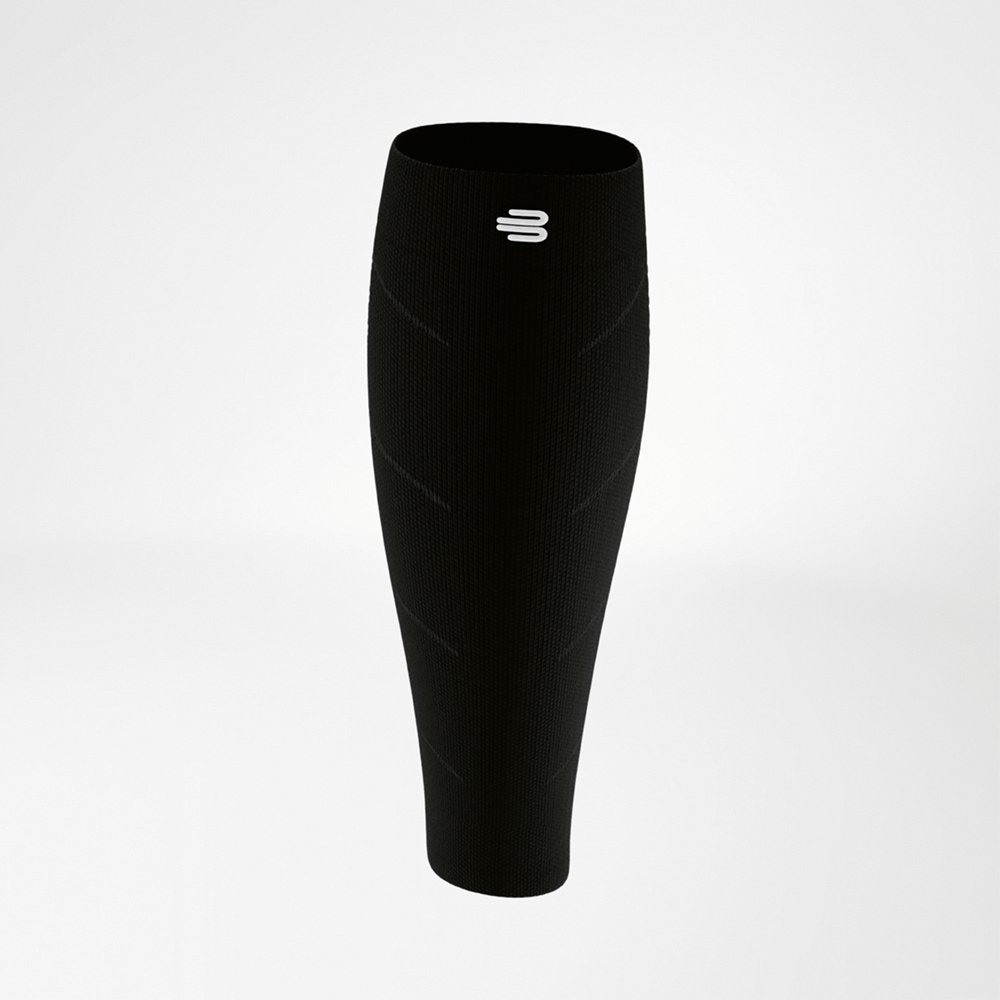 Anterior of the black Run Performance Compression Sleeves for the calves.