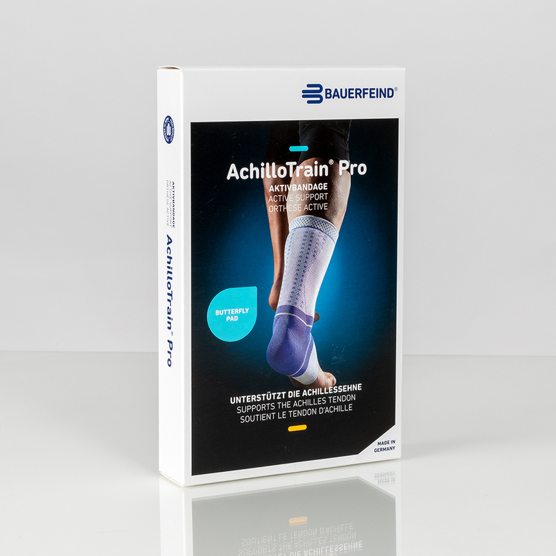 Close-up of a blue and gray ankle support brace on a person's leg with white background emphasizing the product features.