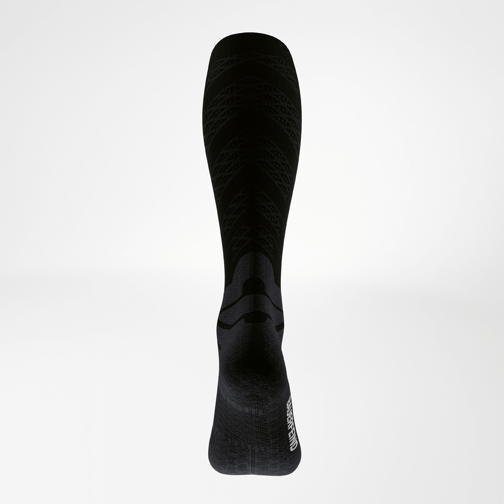 Posterior of the black Run Performance Compression Socks.