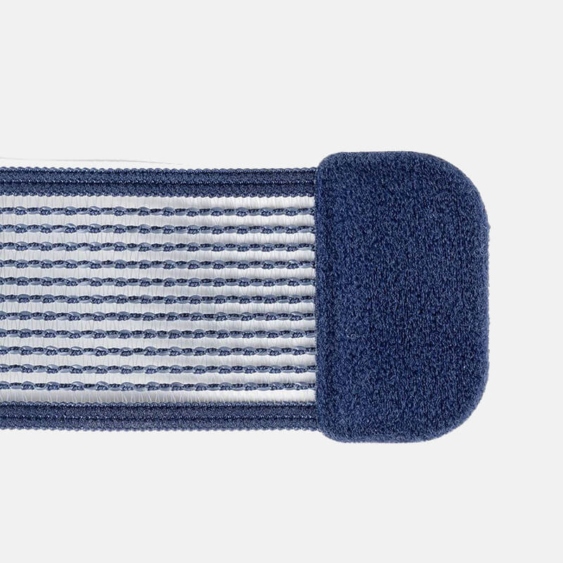 Close-up of a blue and white elastic sports wristband