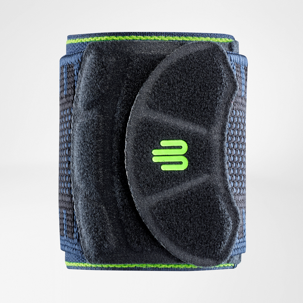 Close-up image of the front of Bauerfeind's black Sports Wrist Strap.