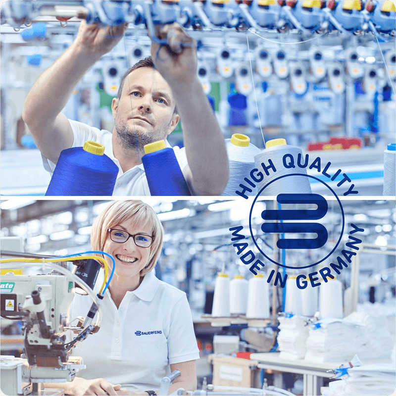 Man and woman pictured at Bauerfeind's manufacturing facility in Germany. A man adjusts machinery with blue and yellow threads, and a woman operates advanced textile equipment at Bauerfeind's manufacturing facility in Germany.