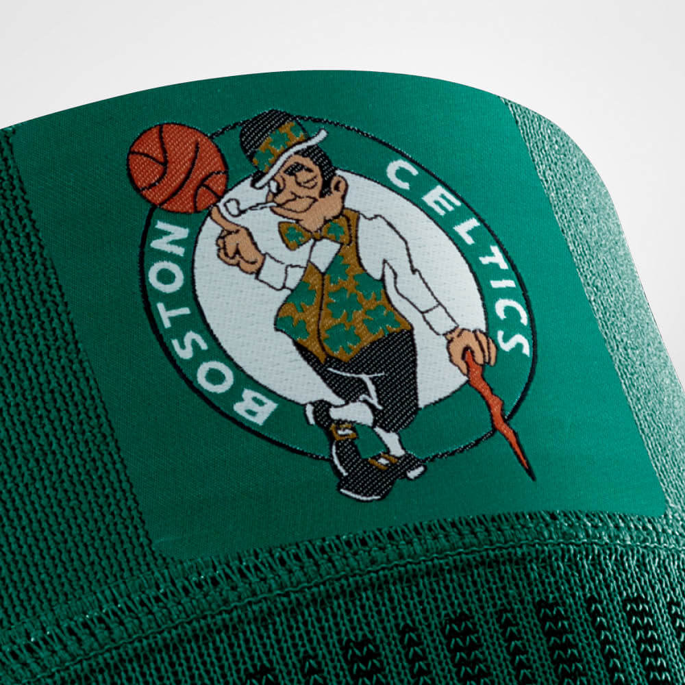 Close-up of the Boston Celtics logo on the front of Bauerfeind's Sports Compression Knee Support NBA Celtics Edition.