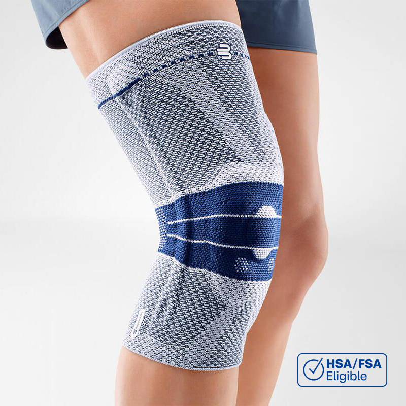 Close-up image of a person wearing Bauerfeind's titan GenuTrain A3 arthritis knee brace.