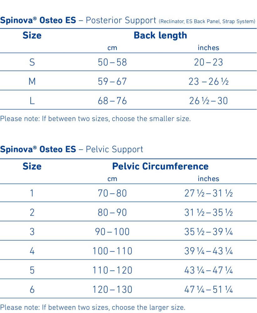 Spinova Osteo ES Size Guide for Back and Pelvic Medical Braces Size chart for Spinova Osteo ES medical braces showing sizes in centimeters and inches for posterior and pelvic support.