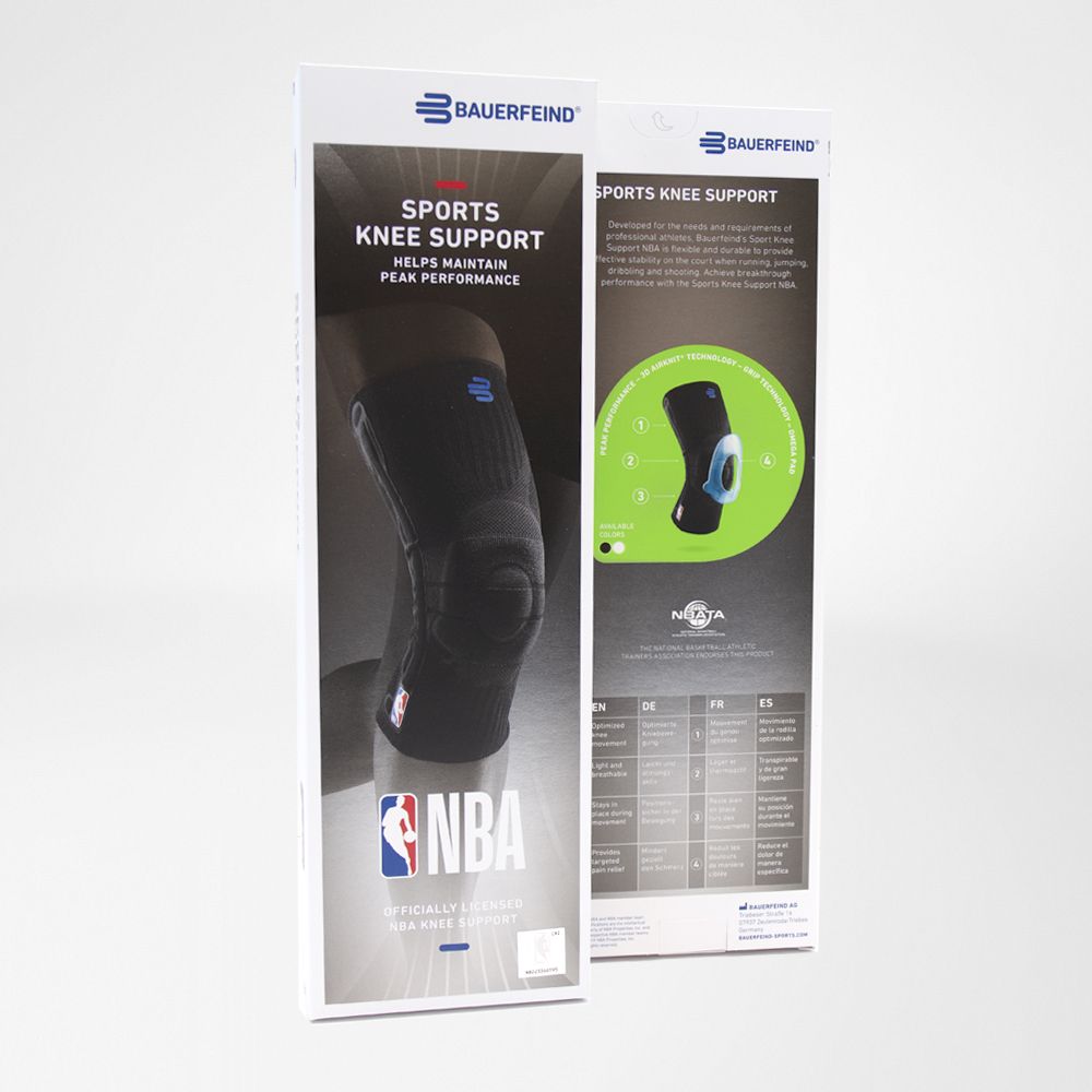 Bauerfeind NBA Sports Knee Support for Peak Performance. Bauerfeind Sports Knee Support packaging, officially licensed by the NBA, featuring a black knee brace designed to maintain peak performance.