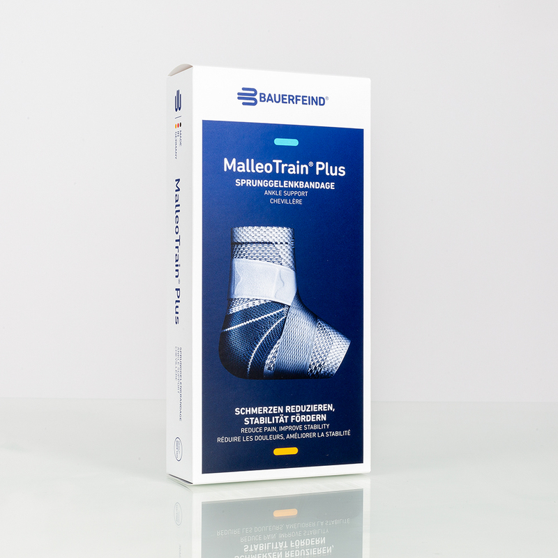 Bauerfeind MalleoTrain Plus Ankle Brace Box for Pain Relief and Stability Bauerfeind MalleoTrain Plus ankle support brace packaging on white background