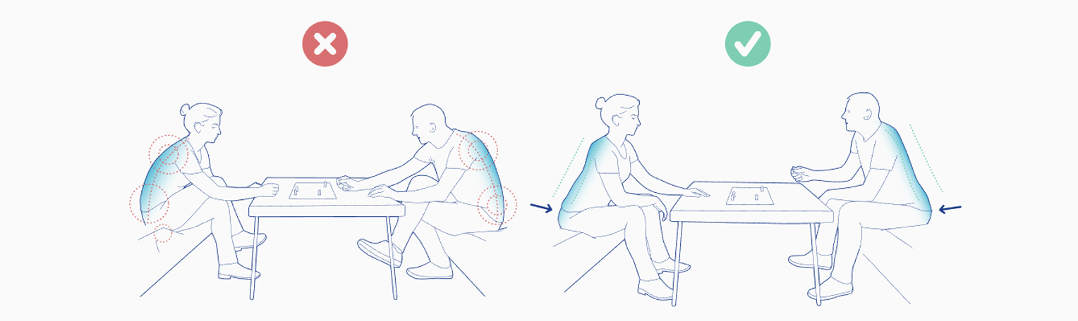 Proper Sitting Posture for Tablet Use - Avoid Back Pain with Correct Ergonomics Illustration of incorrect and correct sitting postures while using a tablet at a table. Incorrect posture on the left shows slouching with a red X, correct posture on the right shows upright sitting with a green checkmark.