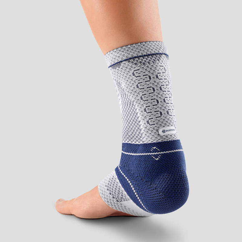 Blue and White Ankle Brace for Injury Recovery and Support Close-up view of a person wearing a blue and white ankle support brace demonstrating its fit and design on a neutral background