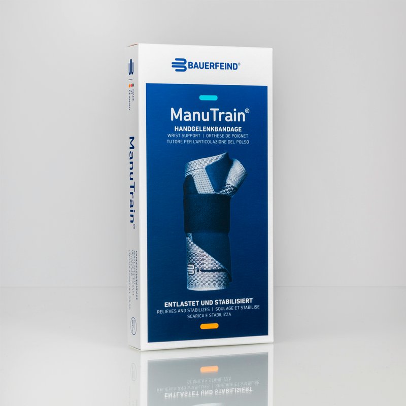 Image of the product packaging used for Bauerfeind's ManuTrain wrist brace.