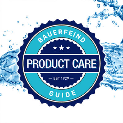 Explore Bauerfeind's Product Care Guide - Quality Maintenance Since 1929. Bauerfeind Product Care Guide badge surrounded by splashing water on a white background.