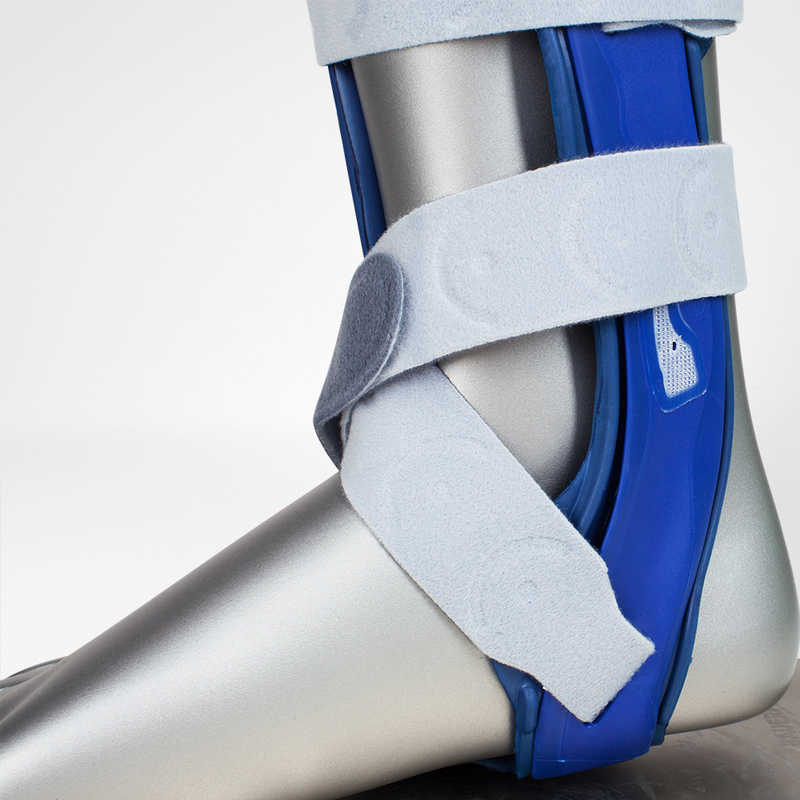 MalleoLoc Strap System  Ankle stirrup for injury support, featuring velcro straps and a blue stabilization elements