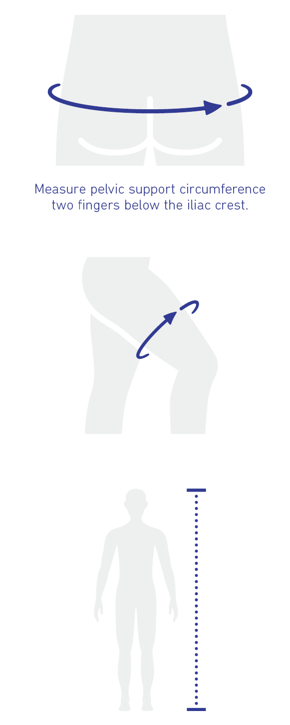 How to measure for the CoxaTrain. Illustration showing how to measure for Bauerfeind's CoxaTrain hip brace.