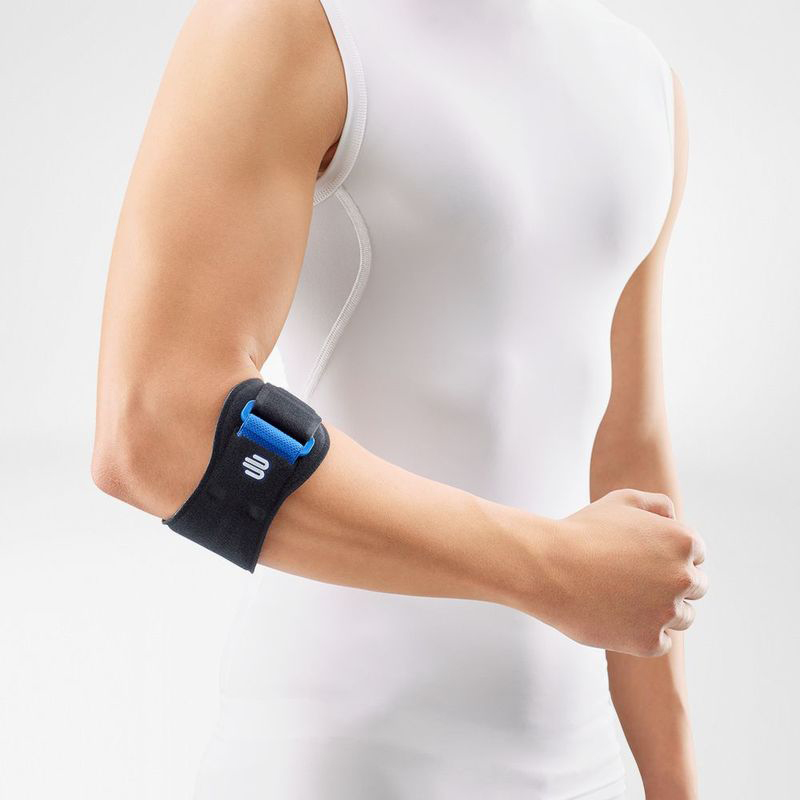 Close-up image of a person wearing Bauerfeind's black EpiPoint elbow strap.