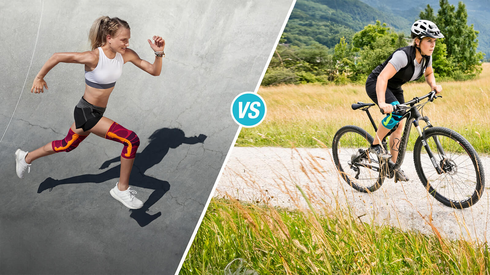 Woman mountain biking on a scenic trail while wearing Bauerfeind's Sports Compression Lower Leg Sleeves. Woman mountain biking on a scenic trail while wearing Bauerfeind's Sports Compression Lower Leg Sleeves.
