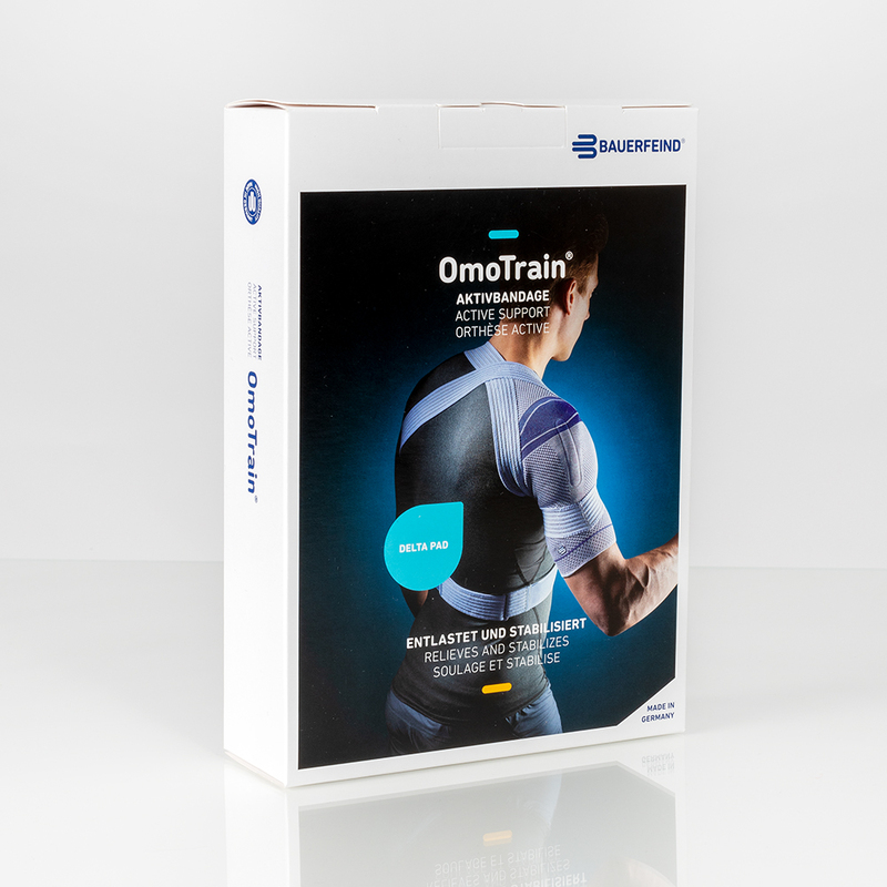 Product packaging used for Bauerfeind's OmoTrain shoulder brace.