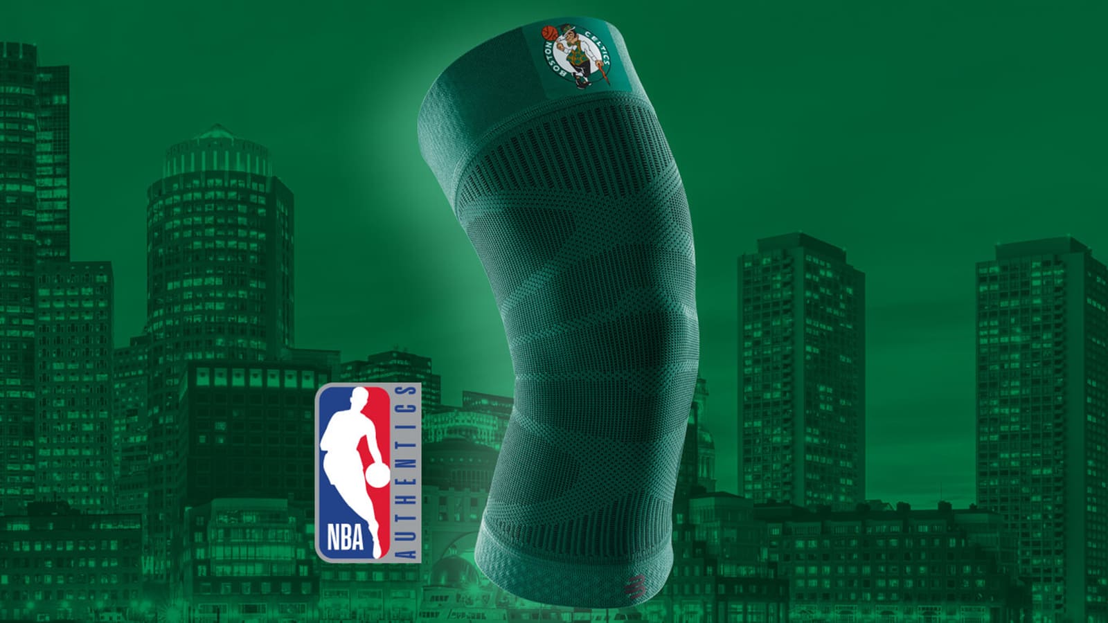 The Sports Compression Knee Support NBA Celtics Edition in front of Boston skyline. Bauerfeind's Sports Compression Knee Support NBA Celtics Edition with NBA Authentics logo and Boston skyline in the background.