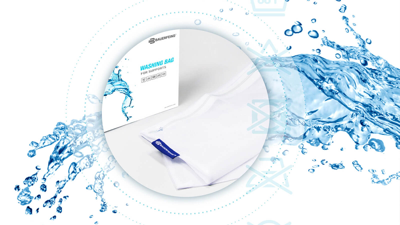 Bauerfeind Orthopedic Support Washing Bag – Protect Your Medical Aids Bauerfeind washing bag for supports displayed against a dynamic water splash background, emphasizing cleanliness and care for orthopedic aids.
