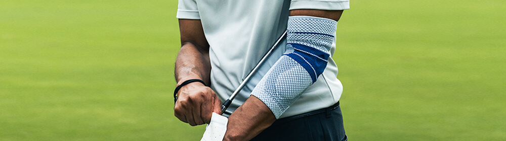 The EpiTrain helps relieve golfer's elbow by supporting the joint during repetitive movements.