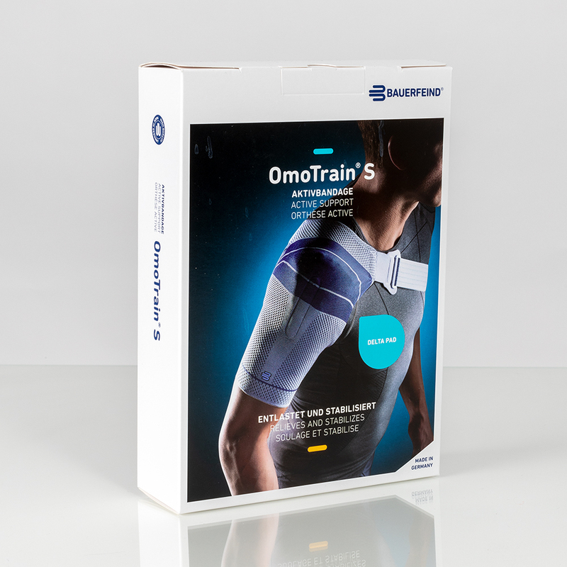 Product Packaging for the OmoTrain S Image of the product packaging used for Bauerfeind's OmoTrain S shoulder brace.
